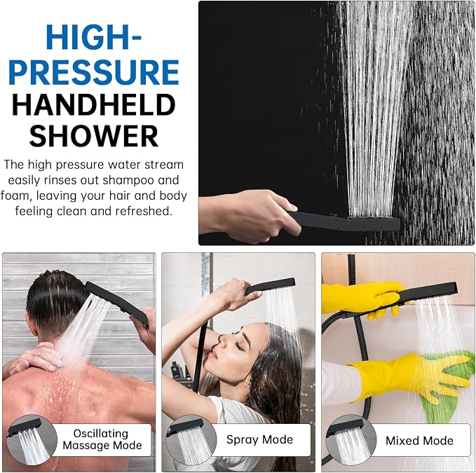 G-Promise All Metal 14 Inch Rain Shower Head with Massage Mode Handheld Spray Combo, 3-Way Diverter with Pause Setting, Full Body Coverage, Modern Bathroom Upgrade (Matte Black)