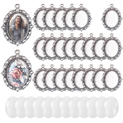 Hilltian 100 Pcs Bezel Pendant Blanks Settings, 50 Oval Pendant Trays Photo Charms with 50 Clear Glass Cabochon for Jewelry Making, DIY Blank Bezels Trays Kit for Crafts, 25x18mm (Antique Silver)