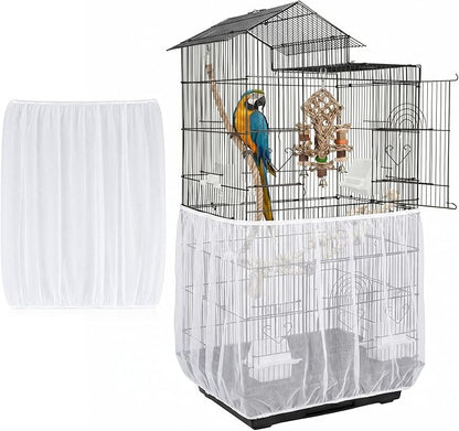White Bird Cage Seed Catcher, Universal Bird Cage Seed Catcher Adjustable Soft Airy Nylon Mesh Net Lightweight Mesh Skirt for Parrot Cages Stops Scatter Round Square Cages