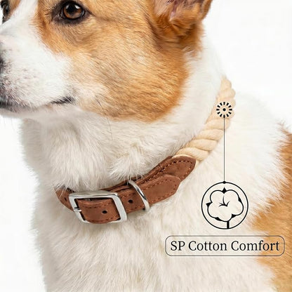 Mile High Life Genuine Leather Dog Collar, Durable Braided Cotton Rope Collar with Metal Pin Buckle for Small Medium Large Dogs (Light Brown, M Neck 15"-18")