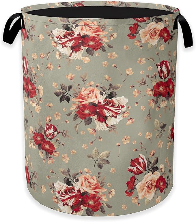 Red Rose Flowers Laundry Hamper, Vintage Floral Clothes Hamper