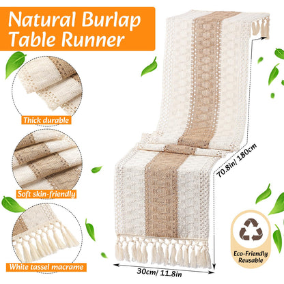Gandeer 4 Sets Boho Decoration Placemats Round Woven Placemats, Cloth Napkins, Wood Bead Napkin Rings, Long Table Runner and Farmhouse Burlap Cotton for Table Kitchen (Khaki,12x72)
