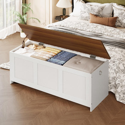 HOOBRO Storage Bench, 43.3" Retro Wooden Storage Chest, Wooden Storage Trunk, Toy Chest with Lift Top, Multifunctional Entryway Organizer, for Entryway, Living Room, White and Walnut WH411CW01