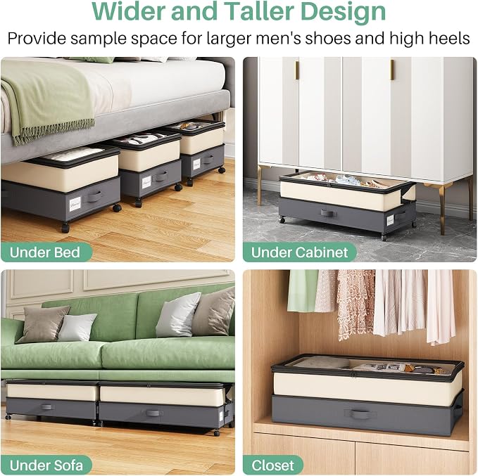 Kitstorack 4 Pack Height-adjustable Under Bed Storage with Wheels, Under Bed Storage Containers,Under Bed Shoe Storage Organizer with Clear Window&Label, Suitable for Clothes Storage, Beige & Gray