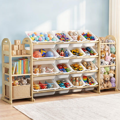 Large Kids Toy Storage Organizer, Toy Organizers and Storage with Stuffed Animal Storage, Toy Storage Shelf with 3 Shelves, 16 Storage Bins, Kids Bookshelf, Toy Holder for Playrooms, Bedrooms, White