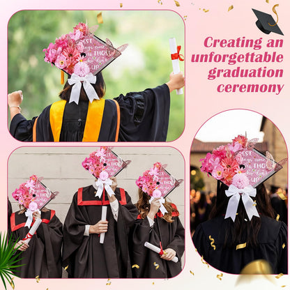 Dunzoom 40 Pcs DIY Graduation Cap Decorations Kit Artificial Flowers Inspirational Cardstock 3D Butterfly Stickers Ribbon Bow Rhinestone Stickers for Grad Cap Topper Graduation Party(Pink)