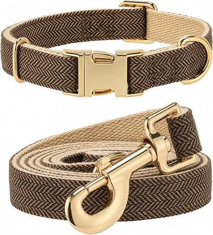 Herringbone Tweed Dog Collar and Leash Set for Large Dogs, Grey-Brown | Snag-free, no-rub design. Soft breathable cotton, gentle on fur. Adjustable durable matching combo for walks & outdoors.