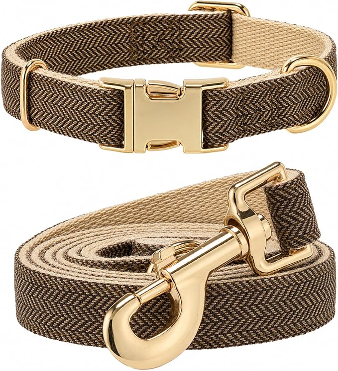 Herringbone Tweed Dog Collar and Leash Set for Medium Dogs, Grey-Brown | Snag-free, no-rub design. Soft breathable cotton, gentle on fur. Adjustable durable matching combo for walks & outdoors.