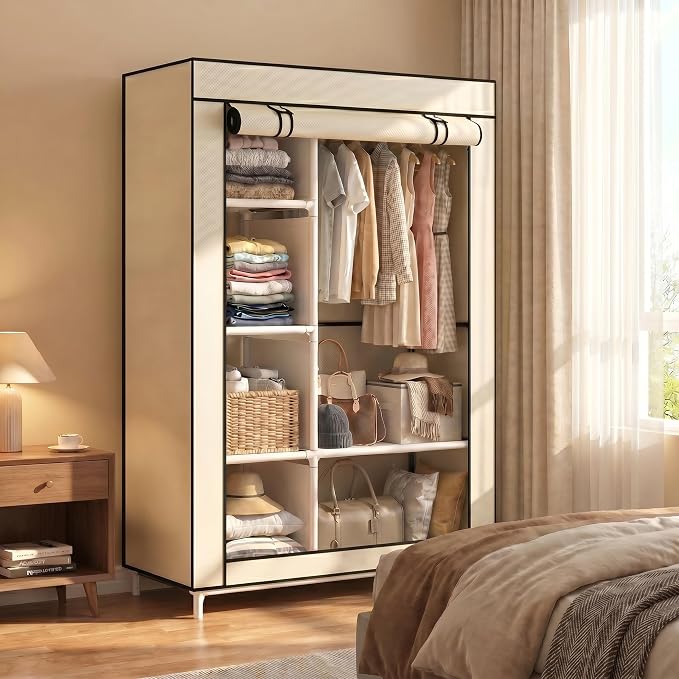 Calmootey Portable Closet Organizers, Clothing Storage, Wardrobe with 6 Shelves and Hanging Rod, Non-Woven Fabric Cover with 4 Side Pockets, Beige
