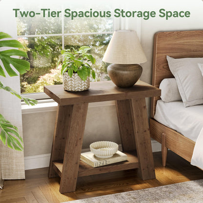 LITTLE TREE Solid Wood End Table, Small Side Table with 2-Tier Storage Shelf for Living Room, Rectangular Side Table for Couch, Bedside Table for Bedroom, Easy Assembly