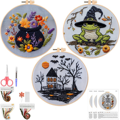 【Beginner Friendly Embroidery】 3 Set Halloween Embroidery Kit, Gothic Embroidery Starter Kit, DIY Stamped Cross Stitch Kits for Adults with Needles and Thread Included