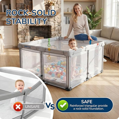 Foldable Baby Playpen with Mat, 1-Minute Setup, Lightweight Portable Playpen with Carry Bag, 50"x50" Indoor Outdoor Safty Play Yard for Babies & Toddlers, Light Gray