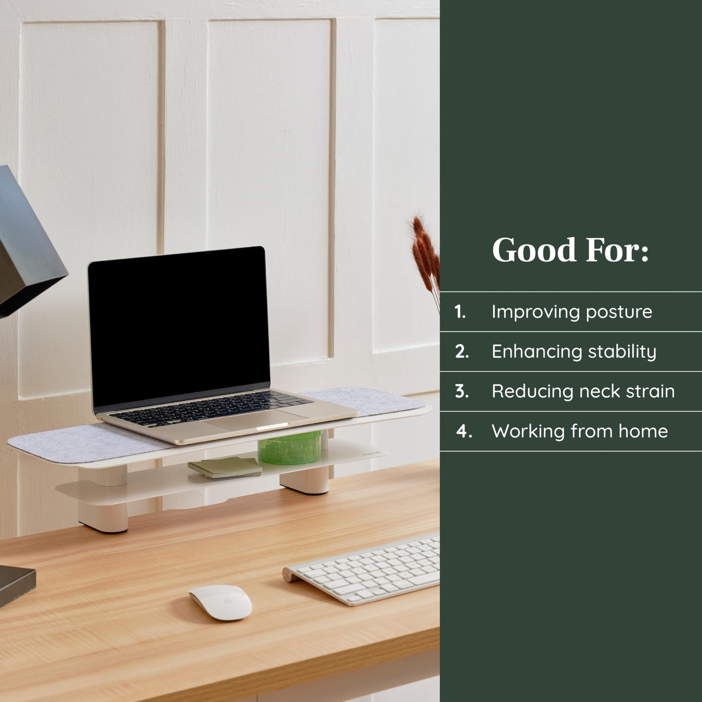 Branch Monitor Stand - Elegant, Durable Powder-Coated Steel Stand with Soft Felt Liner - Small Monitor Riser Second Tier Storage - Installs with a Universal Clamp for Ergonomic Workspace - White