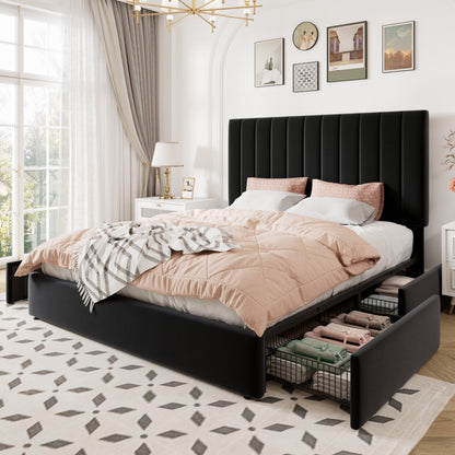 Allewie Queen Size Storage Bed Frame, Vertical Channel Tufted Adjustable Headboard, Velvet Upholstered Platform Bed with 4 Oversized Underbed Drawers, Wooden Slats Support, No Box Spring Needed, Black