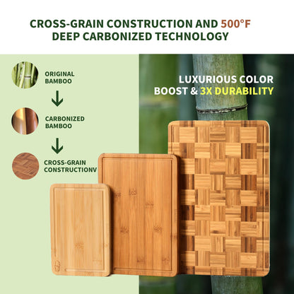BAMBANG Bamboo Cutting Board for Kitchen with Juice Groove, End-Grain Butcher Block Chopping Boards, Checkered Wooden Cutting Boards Set of 3 with Stand, Knife-Friendly, Serving Tray