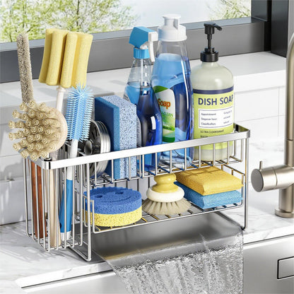 Cisily 2-Tier Kitchen Sink Caddy Organzier Rack with Flexible Dish Brush Holder, Sponge Holder for Kitchen Sink Countertop Organization Storage,Home Decor Accessories Essentials Stainless Steel