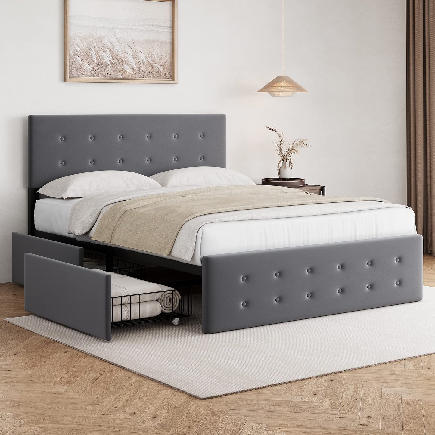 GAOMON Queen Bed Frame with 4 Storage Drawers and Adjustable Headboard, Grey Bed Frame Queen Size Platform Bed Frame with Large Storage and Wooden Slats Support, No Box Spring Needed, Noise-Free