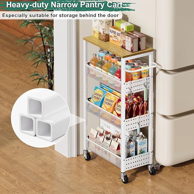 Utility Slim Storage Cart, 4-Tier Narrow Bathroom Organizers and Storage Cart, Narrow Metal Kitchen Laundry Room Organization Shelf with Wood Top, Slim Rolling Carts with Wheels for Small Space