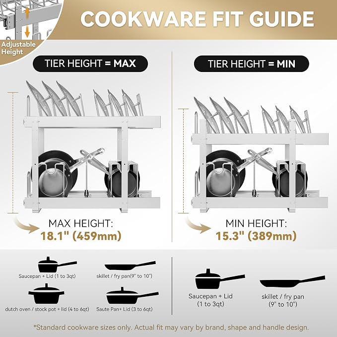 2-Tier Kitchen Pull out Cabinet Organizer for Pots, Pans, and Lid Cookware, Adjustable Heavy Duty Wire Pan and Pot Rack, Full-Extension Rail 15" W *22" D