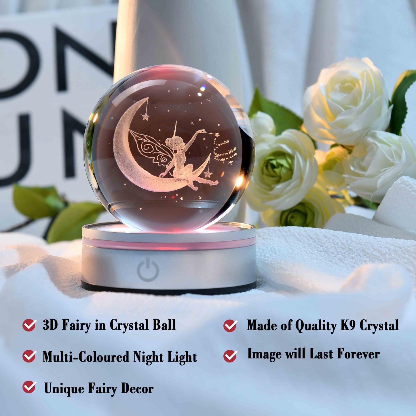 IFOLAINA Moon Crystal Ball 3D Laser Engraved Glass Ball Night Light Decorative Globes 3D Crystal Moon Sphere Gifts for Girl Her Fairy Lover, 1163Z
