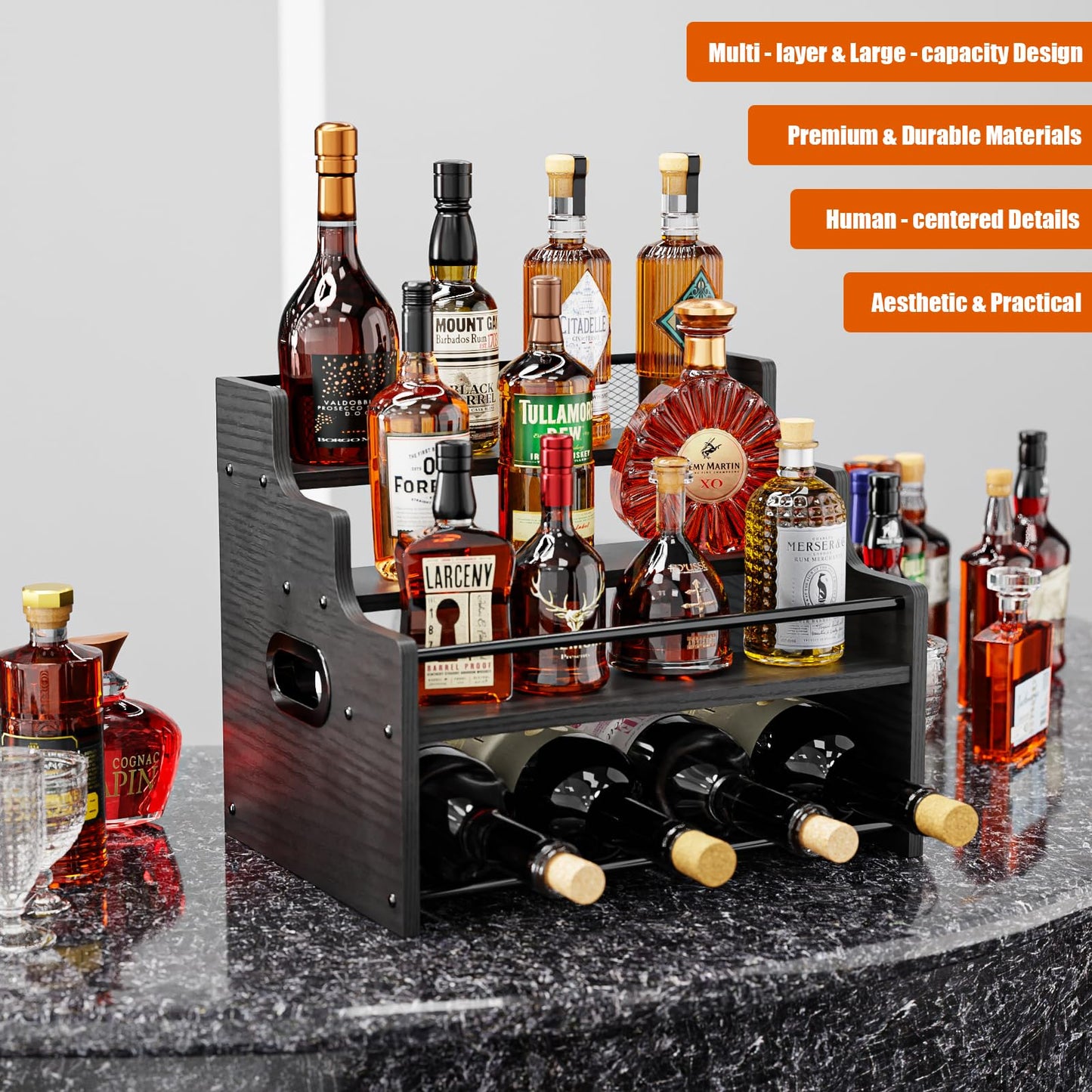 KLM 4-Tier Wood Display Shelf, Black Modern Bottle Organizer, Countertop Bar Stand for Liquor, Coffee Syrup, (Black)