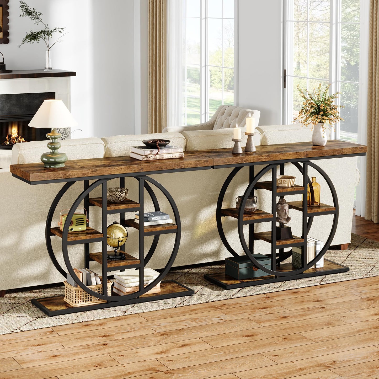 Celaform 41" Console Table for Entryway, 4-Tier Industrial Narrow Wood Sofa Accent Tables with Circle Storage Shelves for Living Room, Hallway, Foyer (Rustic Brown)