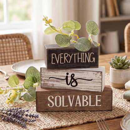 Lineshading 4 Pcs Inspirational Farmhouse Table Decor Rustic Wooden Stacked Block Signs with Inspirational Quote Artificial Eucalyptus Leaves Farmhouse Decoration for Home Office Shelf Gift