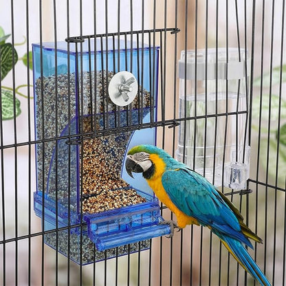 Yaomiao 4 Pcs No Mess Small Bird Feeders Automatic Parakeet Water Dispenser Clear Quail Feeder and Watered Cage Accessories for Small and Medium Parakeet Cockatiel Canary(Assorted,Blue)
