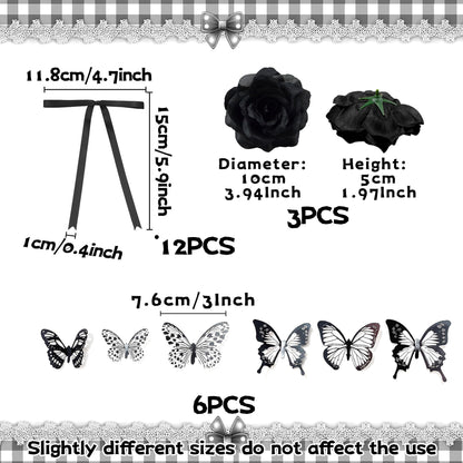 Gothic Cake Decorations Bows Butterfly Black Rose Cake Topper Butterfly Coquette Cake Toppers for Goth Birthday Party Supplies