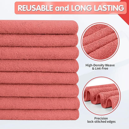 FIXSMITH Red Microfiber Cleaning Cloth -Pack of 8, Highly Absorbent Cleaning