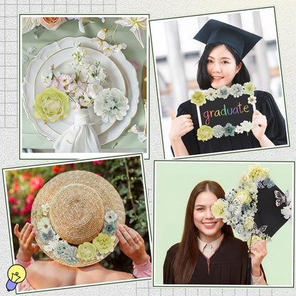 Wavwavw 36 Pcs DIY Graduation Cap Decorations Accessory Kit Include Faux Flower Heads and 3D Glitter Butterfly for Graduation Cap Decoration Home Decor Cake Wreath Craft Decor(Light Green)