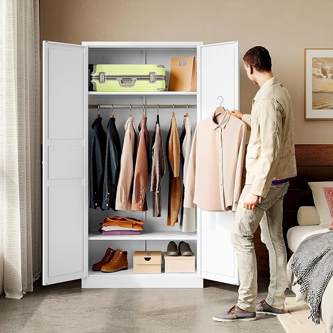 BYNSOE Metal Armoire Wardrobe Closet with 2 Doors 72'' Wardrobe Cabinet with Hanging Rail Metal Closet with Adjustable Shelves for Bedroom Require Assembly(White, 72inch)