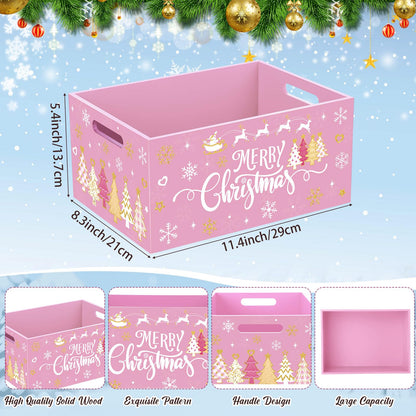 Soaoo Christmas Wooden Crate 11.4 x 8.3 x 5.4 Inch Merry Christmas Storage Box with Handles Decorative Rustic Farmhouse Wood Basket for Xmas Hot Cocoa Bar Candy Pet Table Decor(Pink)