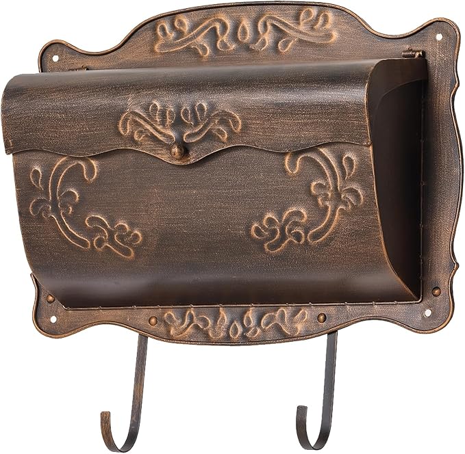 Wall Mount Mailbox with Newspaper Holder, Vintage Metal Wall Mailboxes for Outside, Decorative Front Porch Mail Box Mounted, Horizontal Mailbox with Antique Floral Design for Outdoor and House Garden