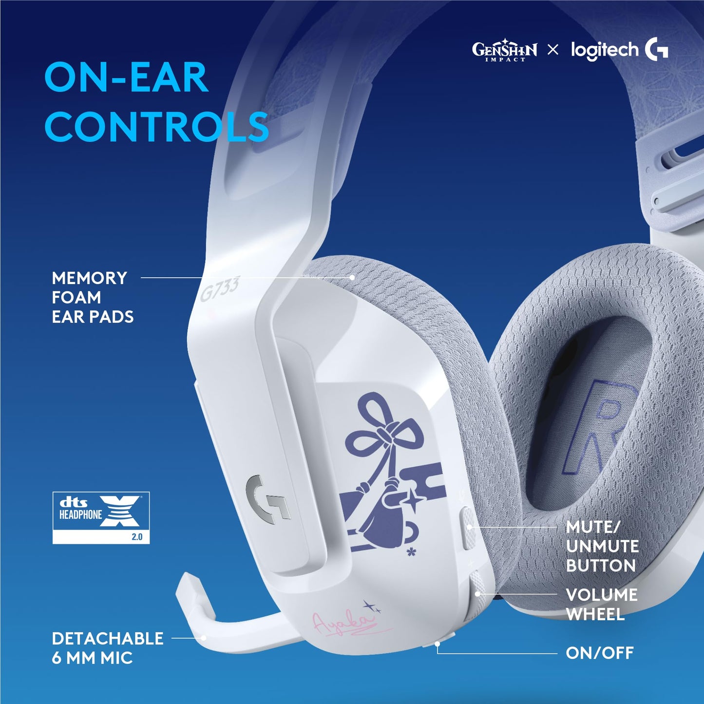 Logitech G733 Lightspeed RGB Wireless Gaming Headset with Suspension Headband, Kamisato Ayaka Special Edition, LIGHTSYNC RGB, Blue Voce mic Technology and PRO-G Audio Drivers