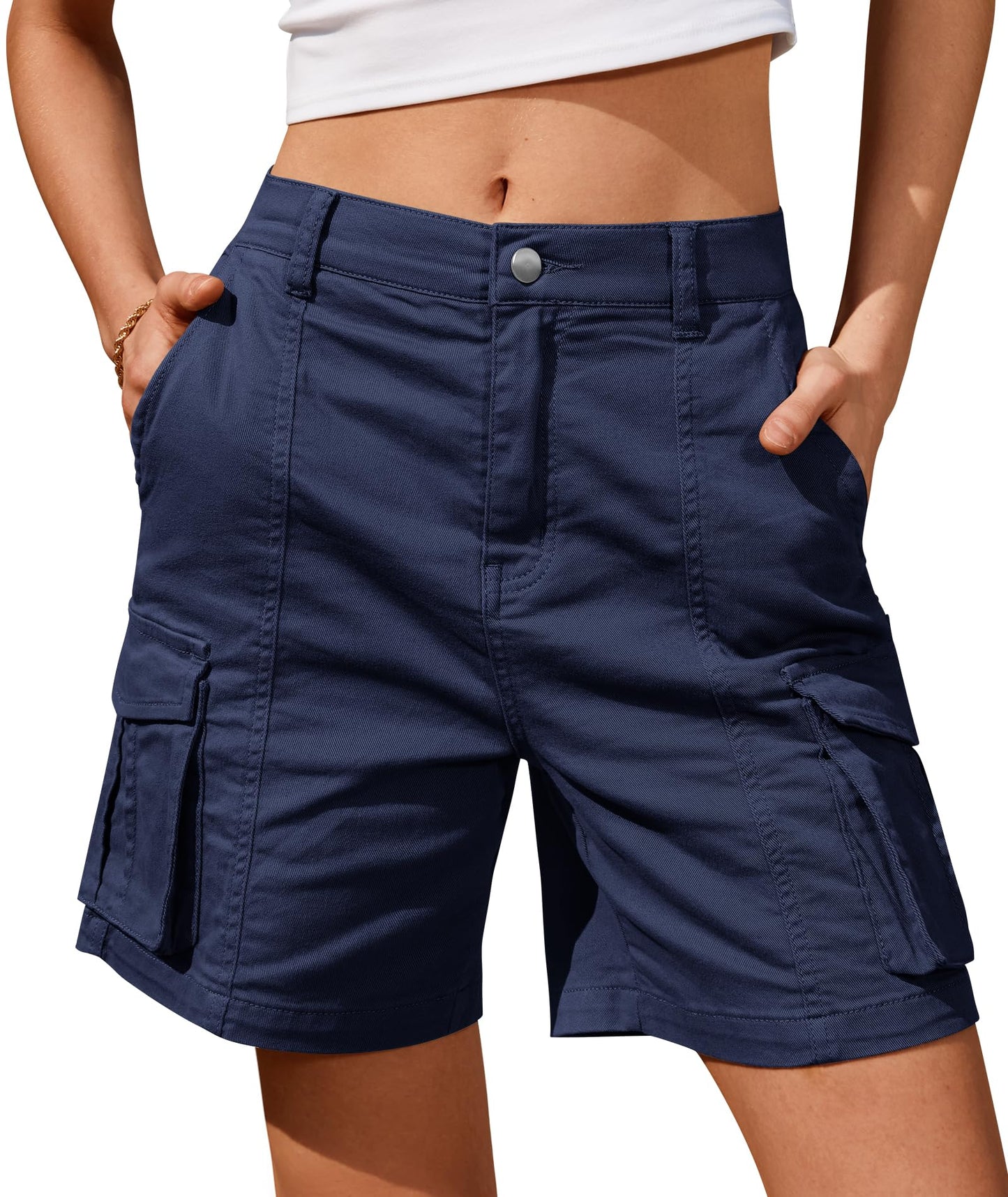 IVIR Women's Shorts Bermud Shorts for Women Cargo High Waist Long Casual Navy Blue M