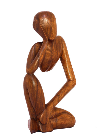 G6 Collection 12" Wooden Abstract Thinker Statue, Hand Carved Thinking Man Figurine, Modern Minimalist Sculpture, Handmade Home Decor Accent Gift (Brown)
