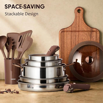 CAROTE 22pcs Hybrid Nonstick Pots and Pans Set, Stainless Steel Cookware Set with Honeycomb Titanium Interior, Induction Safe, Oven Safe, Brown (PFOS, PFOA Free)