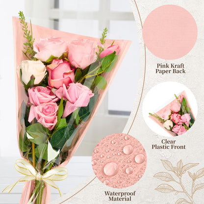 Mauproy 50 Pack Pink Flower Bags for Bouquets, Flower Wrapping Bags Kraft Floral Wrap Sleeves with Ribbons for Graduation Wedding Florist Supplies (18 x 12 Inches)