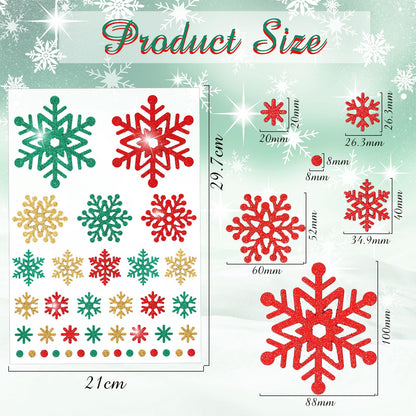 Outus 16 Sheets Snowflake Stickers Glitter Winter Frozen Stickers Snowflake Party Favors Christmas Scrapbook Crafts Assorted Size, 39 Pcs Snow Flakes Dot Decals Per Sheet (Red,Green,Gold)