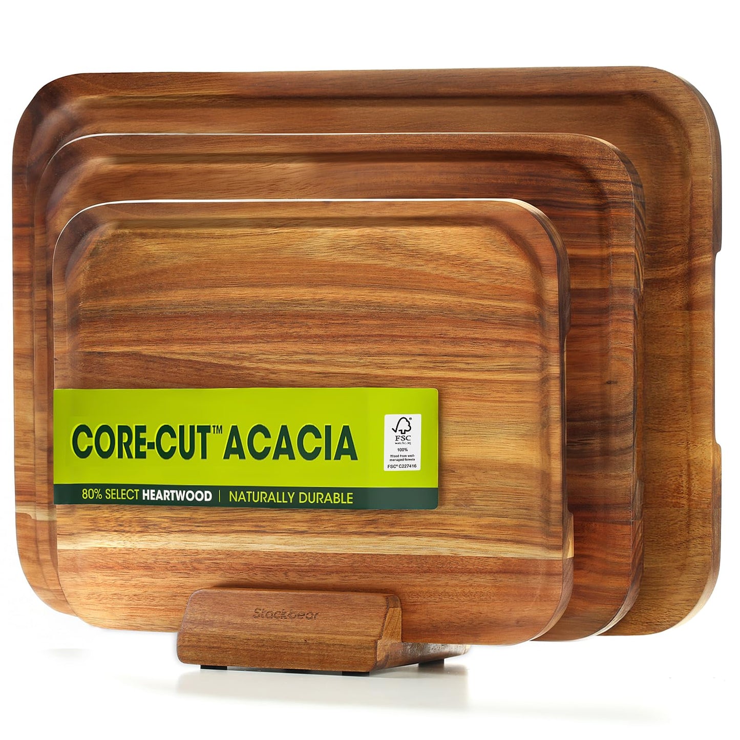 Starkbear Acacia Wood Cutting Board Set of 3 with Stand, Core-Cut Non Slip Wooden Chopping Block, Sloped Juice Groove Reversible Charcuterie Serving Tray for Modern Kitchen Gift