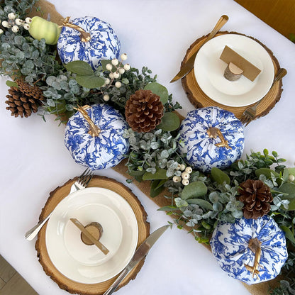 Winlyn 4 Pcs Faux Decorative Blue and White Fabric Pumpkins Chinoiserie Chic Pumpkins Foam Pumpkins for Gifts Farmhouse Thanksgiving Halloween Fall Wedding Table Centerpiece Mantel Bowl Decorations