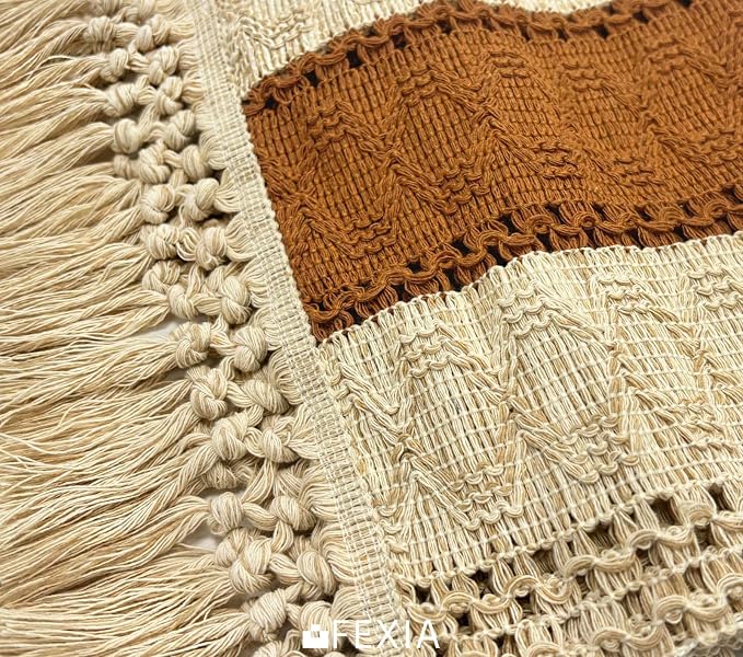 FEXIA Boho Table Runner 36 Inches Long Macrame Summer Decor Coffee Table Cover Farmhouse Stylewith Tassels for Party Bohemian Rustic Wedding Bridal Shower Dining Room Middle Brown (12x36 Inches)