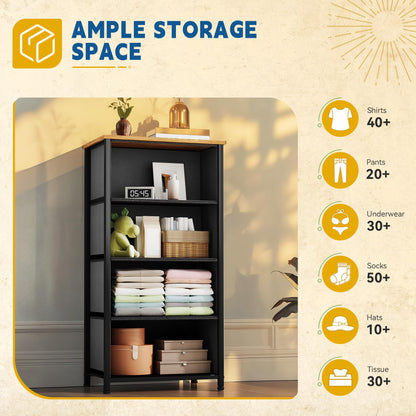 DWVO 4 Drawers Dresser, Small Dresser for Bedroom, Fabric Storage Tower, Chest of Drawers, Organizer Unit for Closets, Living Room, Sturdy Steel Frame, Wooden Top, Easy Pull Handle
