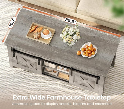 SEDETA Lift Top Coffee Table, Farmhouse Lift Tabletop Dining Table, Gas Spring, Hidden Compartment, Open Storage Shelf, for Living Room, Grey