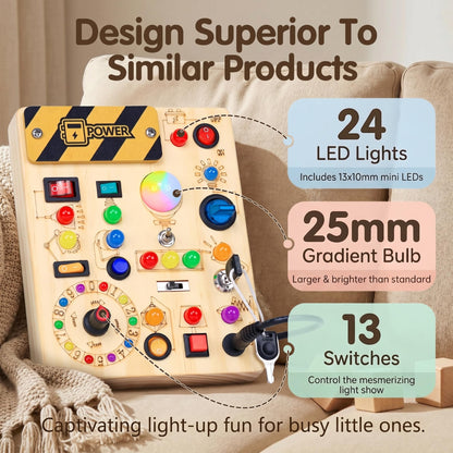 RichBoy Busy Board Montessori Sensory Toy, 37-in-1 Switch Board with 24 LED Lights, Birthday Gift for 1 2 3 Year Old Boys Girls, Safety for Toddlers Home Travel Essentials (6.7" X 5.3")