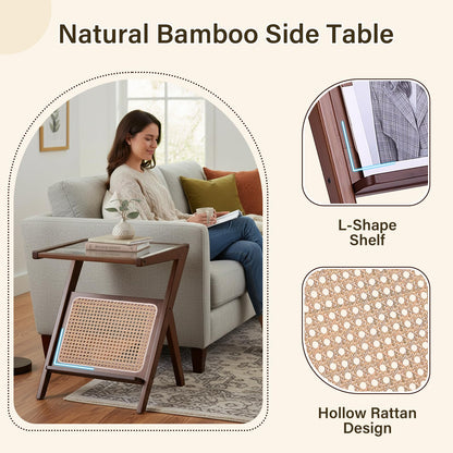 Tiita Rattan Nightstand Side Table, Bamboo Accent Bedside Tables, Glass Coffee Tables, Boho Wooden End Table with Storage for Small Space, Living Room and Bedroom
