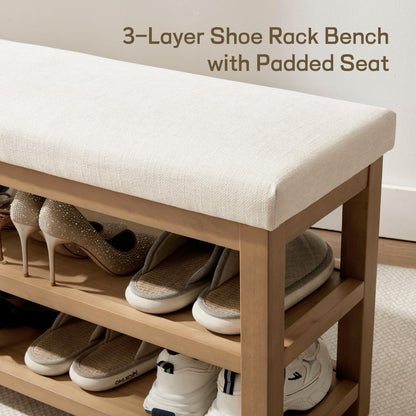 Zihanhome 2 Tier Shoe Rack Bench with Cushion, Solid Wood Shoe Benches, Mid-Century Modern Shoe Storage Bench for Entryway, Hallway, Living Room, Closet, Front Door Entrance, (Beige, 31.5")