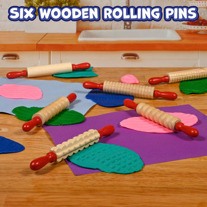 READY 2 LEARN Mini Textured Wooden Rolling Pins | Set of 6 | 7.25 inches | Turning Handles | Rollers for Kids' Dough, Crafts, Imaginative Play