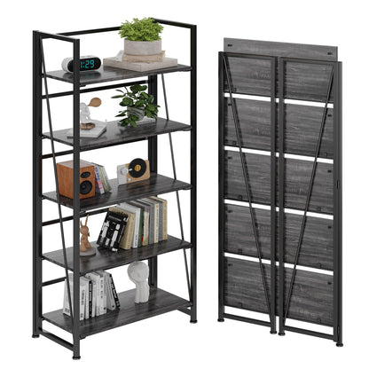 BHG Vintage Multifunctional Folding Bookshelf, No-Assembly Plant Stand Storage Rack Shelves for Home Office (Gray, 5-Tier)